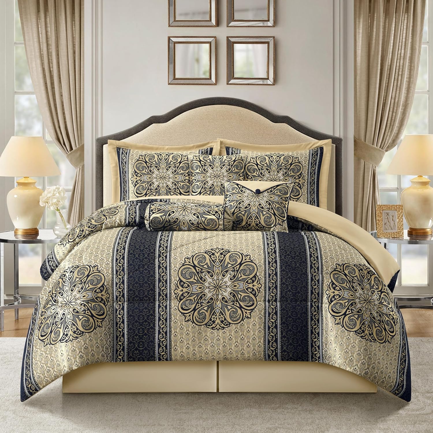 Stratford Park Medallion 7 Piece Navy Comforter Set, Queen Size Jacquard Bedding, All Season Bedding Set, Bed Skirt, Pillows & Shams