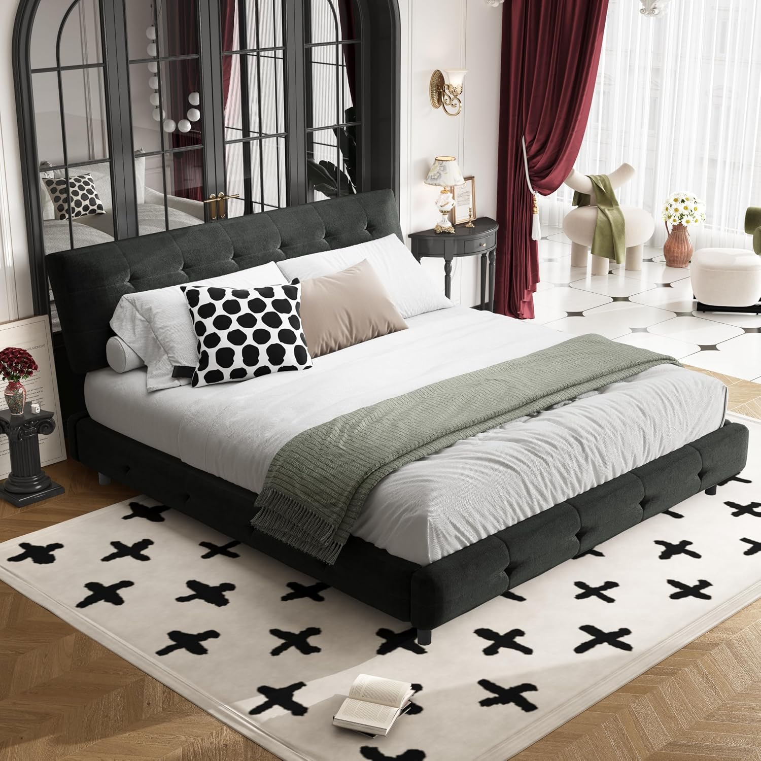 King Size Platform Bed Frame, Tufted Headboard with Extra-Large Ultra-Soft Cloud Pillow Design, Chenille Platform Bed with Metal and Wooden Slats Double Support, No Box Spring Needed (Black-King,7)