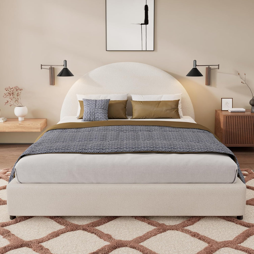 JIVOIT Modern Queen Size Bed Frame with Curved Round Headboard, Boucle Upholstered Platform Bed Frame with Sturdy Support Slats, No Box Spring Needed