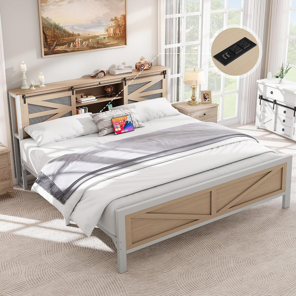 YITAHOME Farmhouse King Size Bed Frame with Headboard, Bookcase Storage Shelves, Sliding Grid Barn Door, Charging Station, Rustic Wood Platform Bed, No Box Spring Needed, Oak