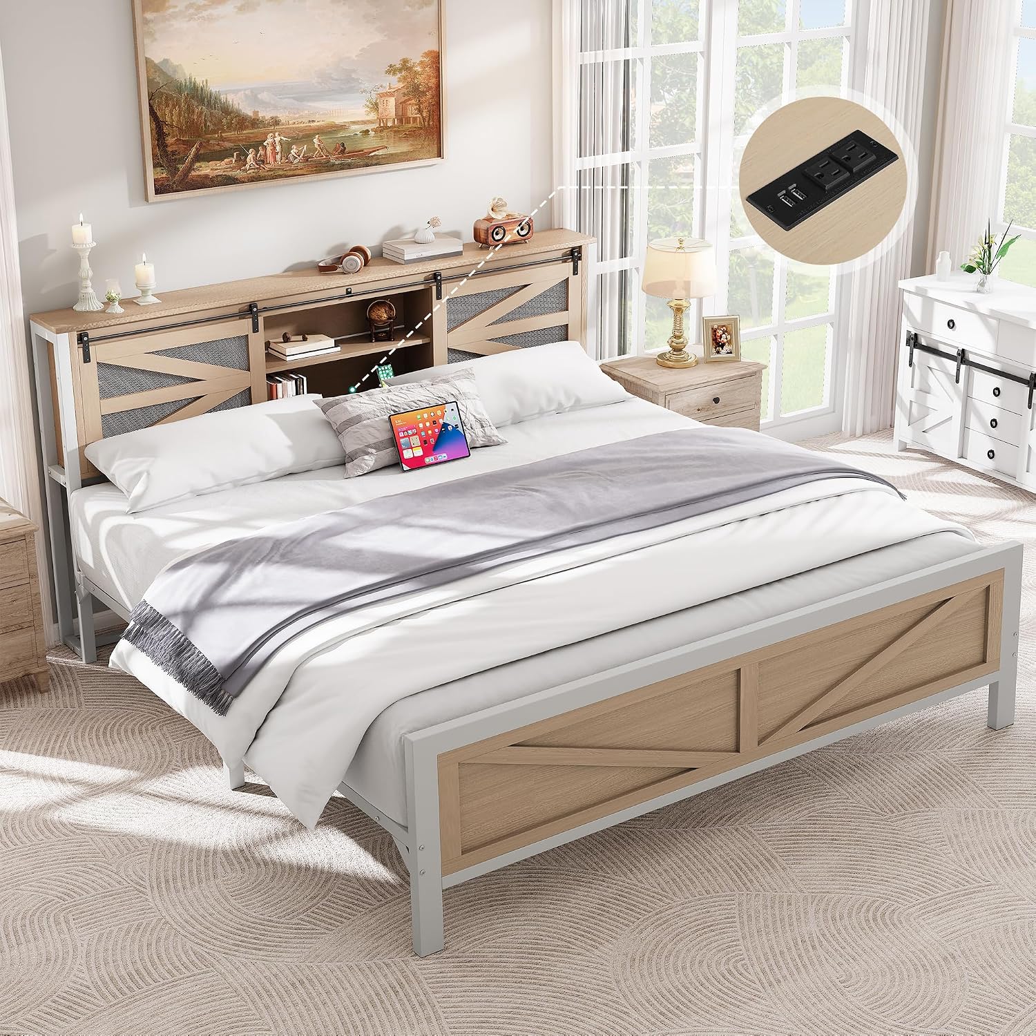 YITAHOME Farmhouse King Size Bed Frame with Headboard, Bookcase Storage Shelves, Sliding Grid Barn Door, Charging Station, Rustic Wood Platform Bed, No Box Spring Needed, Oak
