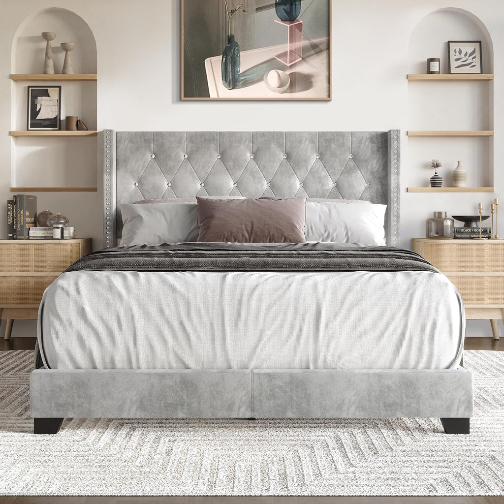 Twin Button Tufted Wingback Velvet Upholstered Bed, Silver Grey