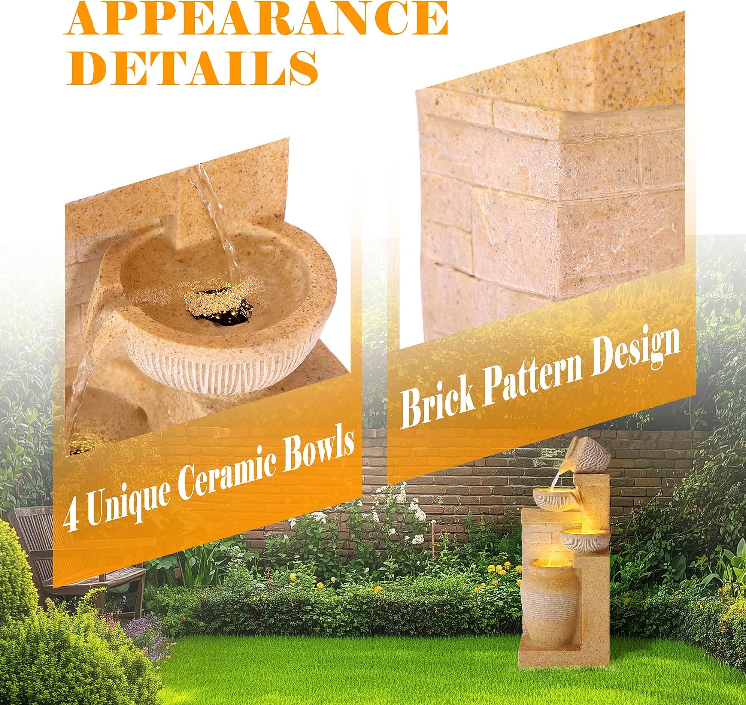 32' Outdoor/Indoor Garden Water Fountains, 4 Tiers Cascading Resin Fountains and Waterfalls with LEDs & Bowls, Modern Floor-Standing Patio Fountain for Porch, Deck, Yard (Bright Yellow)