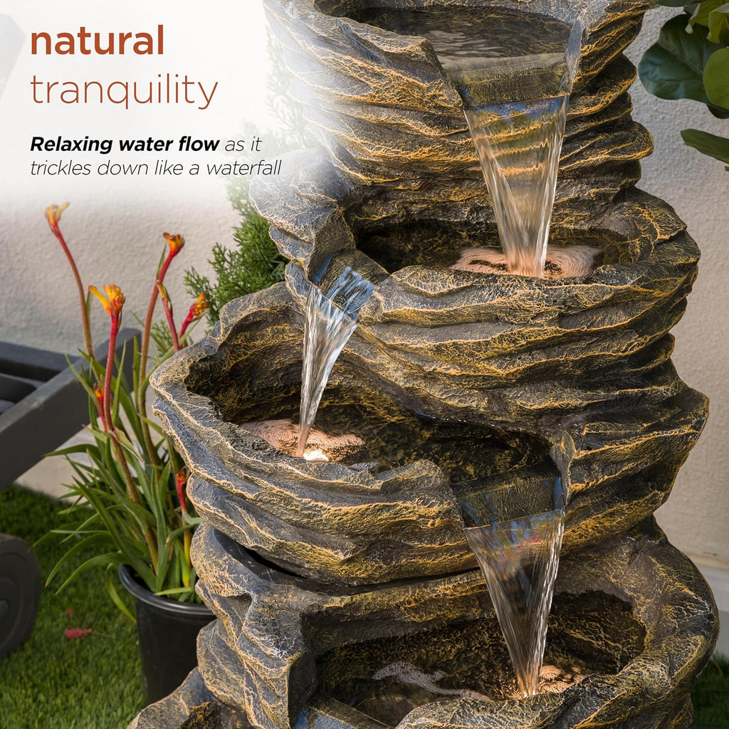 Alpine Corporation 39' Tall Outdoor 5 Tiered Natural Look Rock Water Floor Fountain with Replaceable Lights, Brown