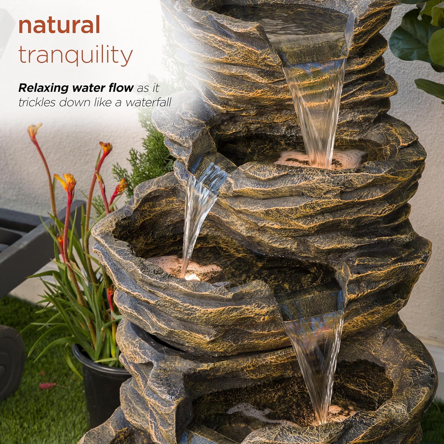 Alpine Corporation 39' Tall Outdoor 5 Tiered Natural Look Rock Water Floor Fountain with Replaceable Lights, Brown