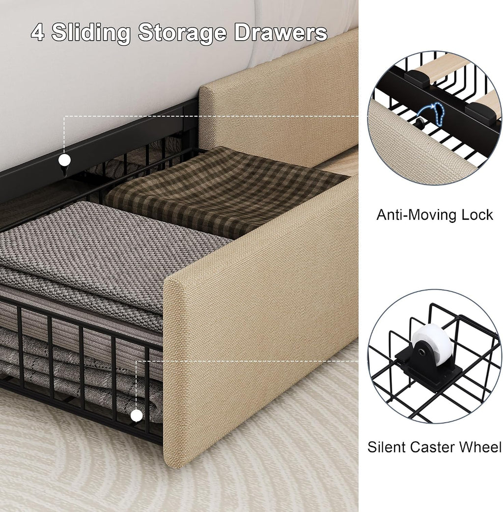 Queen Size Upholstered Platform Bed Frame with 4 Storage Drawers and Charging Station, Linen Button Tufted Wingback Headboard, Sturdy Wooden Support Slats, No Box Spring Needed, Beige