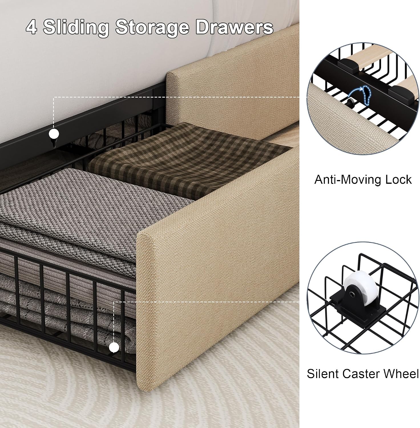 Queen Size Upholstered Platform Bed Frame with 4 Storage Drawers and Charging Station, Linen Button Tufted Wingback Headboard, Sturdy Wooden Support Slats, No Box Spring Needed, Beige