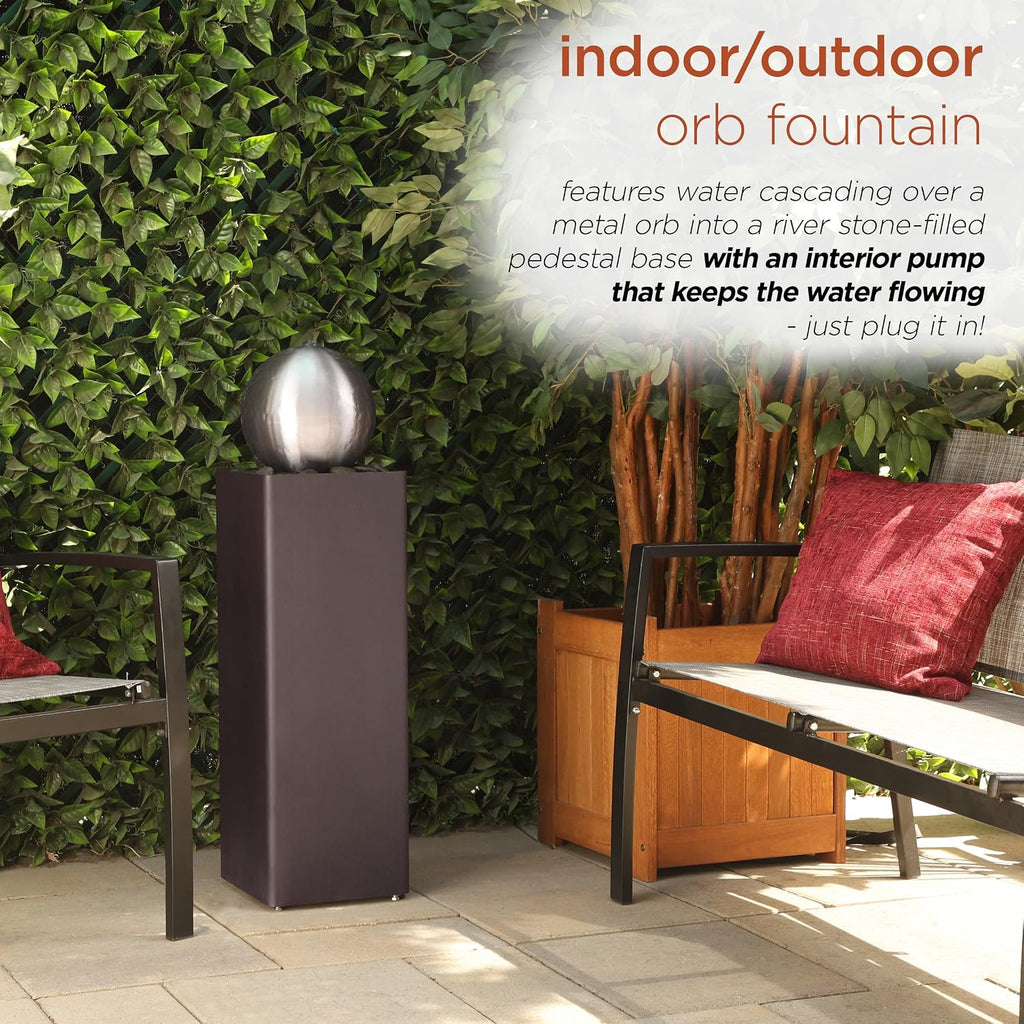 Alpine Corporation CPS188 Indoor Outdoor Modern Metal Orb Water Floor Fountain with River Rock Stone for Patio, Garden and Living Room, 37' H, Brown