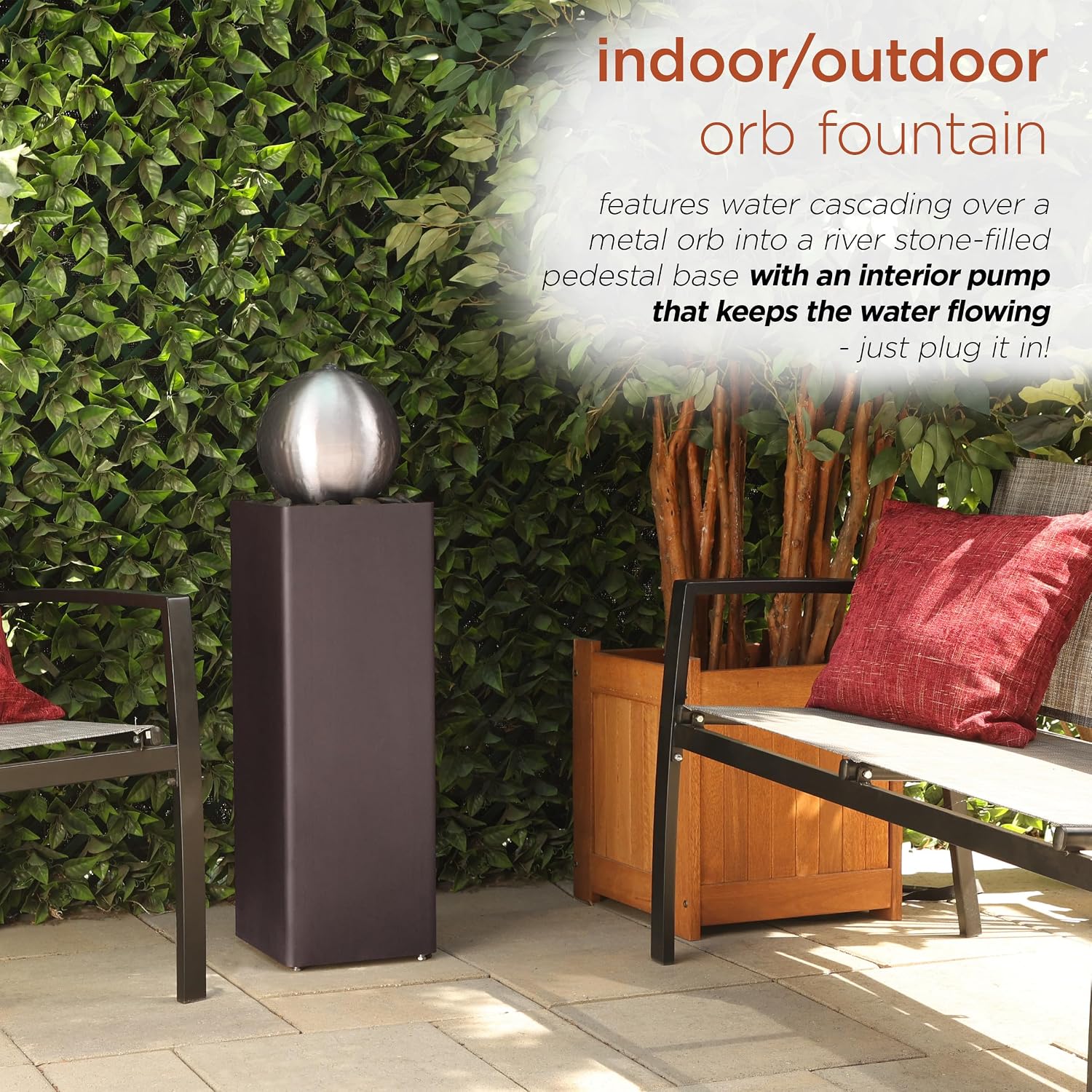 Alpine Corporation CPS188 Indoor Outdoor Modern Metal Orb Water Floor Fountain with River Rock Stone for Patio, Garden and Living Room, 37' H, Brown
