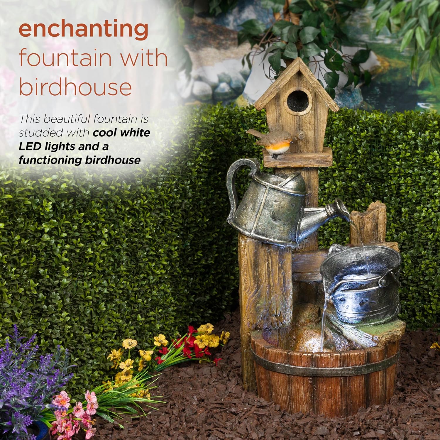 Alpine Corporation TZL280 Watering Can Barrel Birdhouse Fountain w/White LED Lights, Stylish Décor for Garden & Patio, 32' H