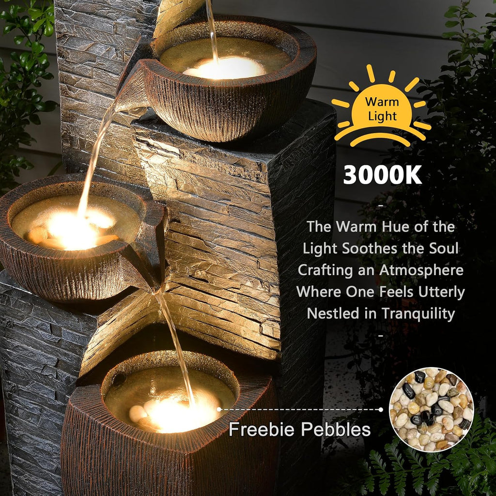 38.2' Tall Outdoor Water Fountain,Stone Texture Modern 4 Tiers Cascading Bowls Garden Fountains Outdoor,Suit for Patio, Deck, Porch, Lawns, Backyard and Home Art Decor