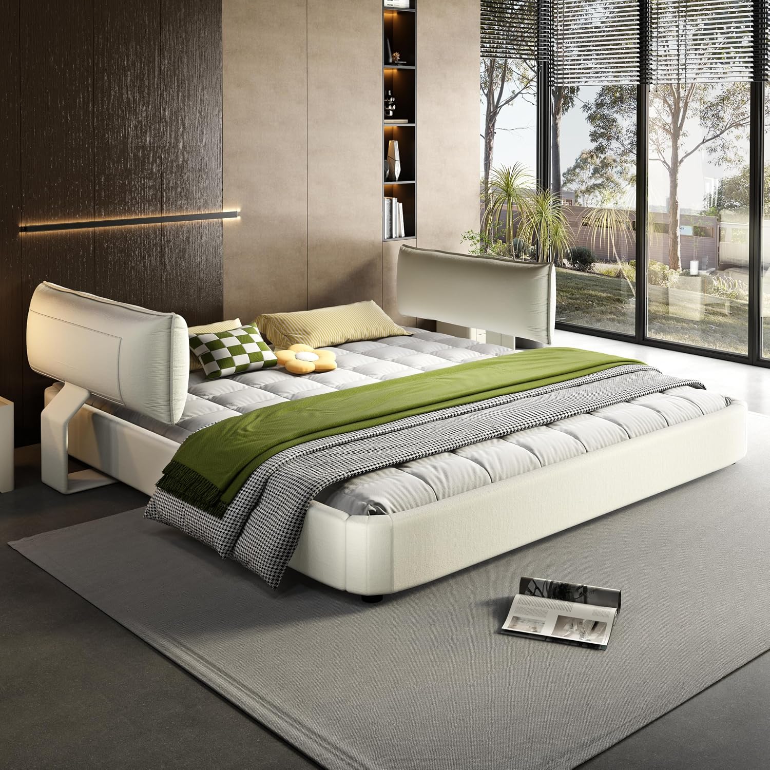 King Size Upholstered Platform Bed, Chenille Cloud Bed Frame with Oversized Padded Movable Headboard, Round Corner, Metal + Solid Wooden Slat Double Support, No Box Spring Needed (Beige+White-65)
