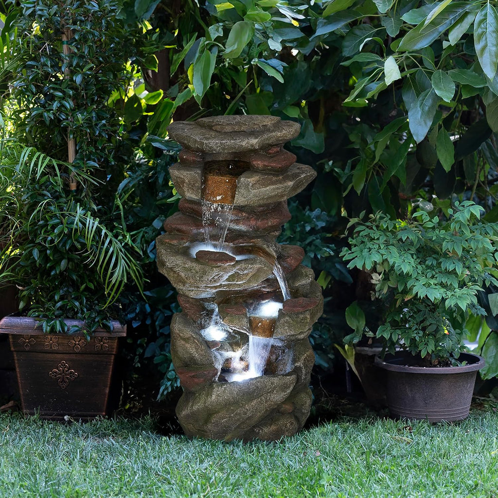 Alpine Corporation 31' Tall Outdoor 4-Tier Rock Floor Fountain, Cascading Waterfall with Cool White LED Lights, Gray