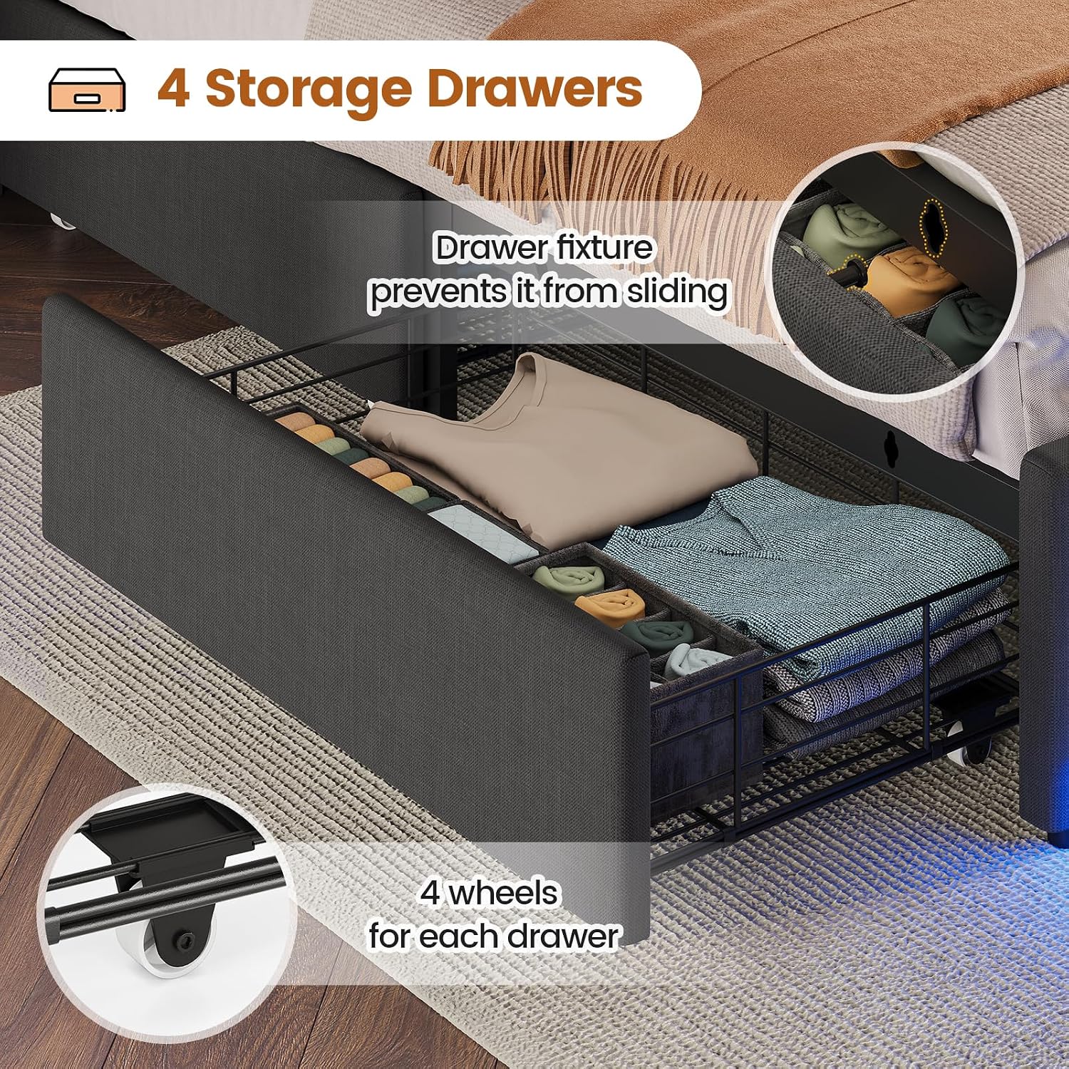 BTHFST Queen Bed Frame with Hidden Storage Headboard & 4 Drawers, LED Bed Frame Queen Size with Charging Station, Upholstered Metal Bed, No Box Spring Needed, Dark Grey