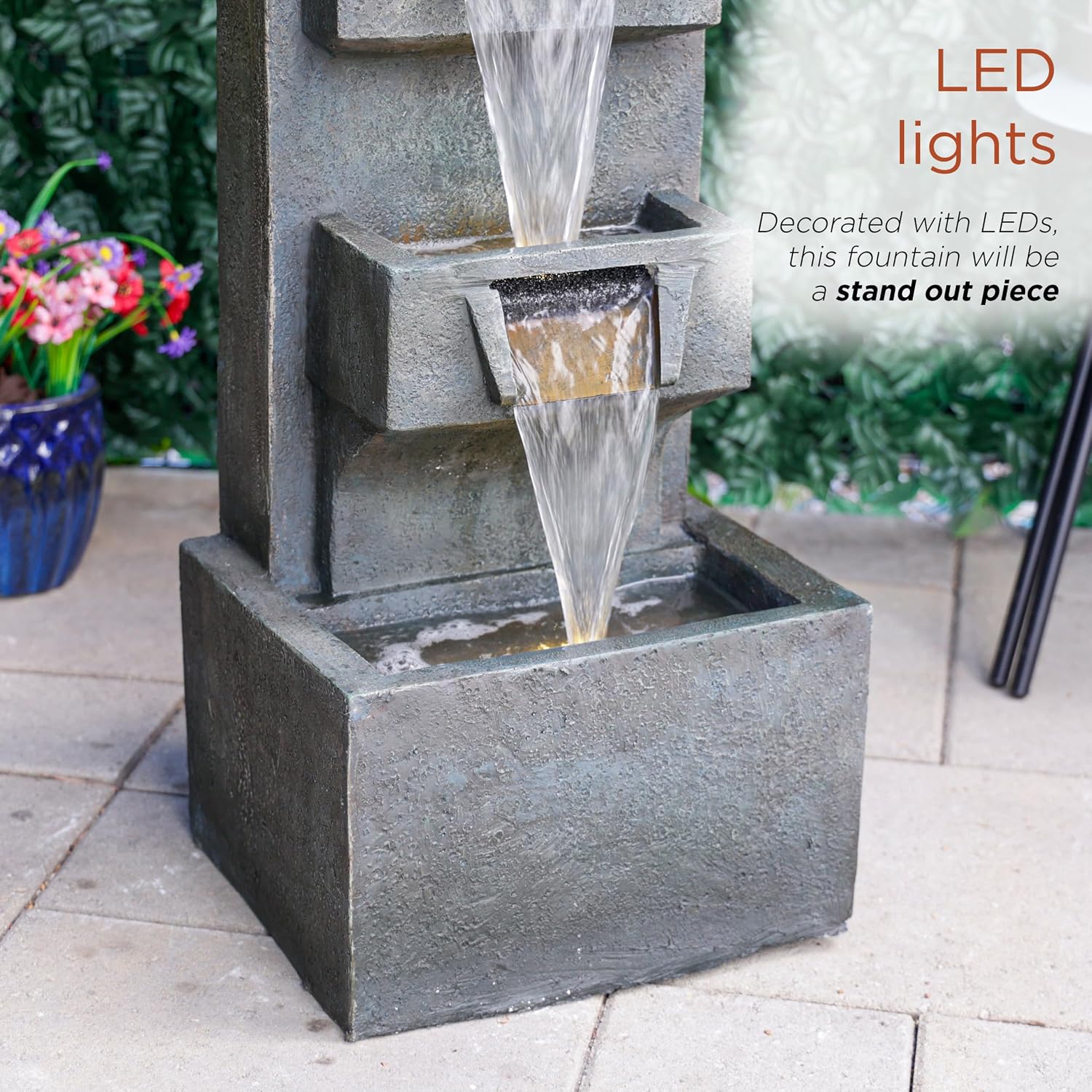 Alpine Corporation TZL406 33' 3 Tier Basin Cascading Fountain with LED Lights, Outdoor Water Feature for Garden, Patio, Backyard & Home Decor, Elegant Waterfall Design, Gray