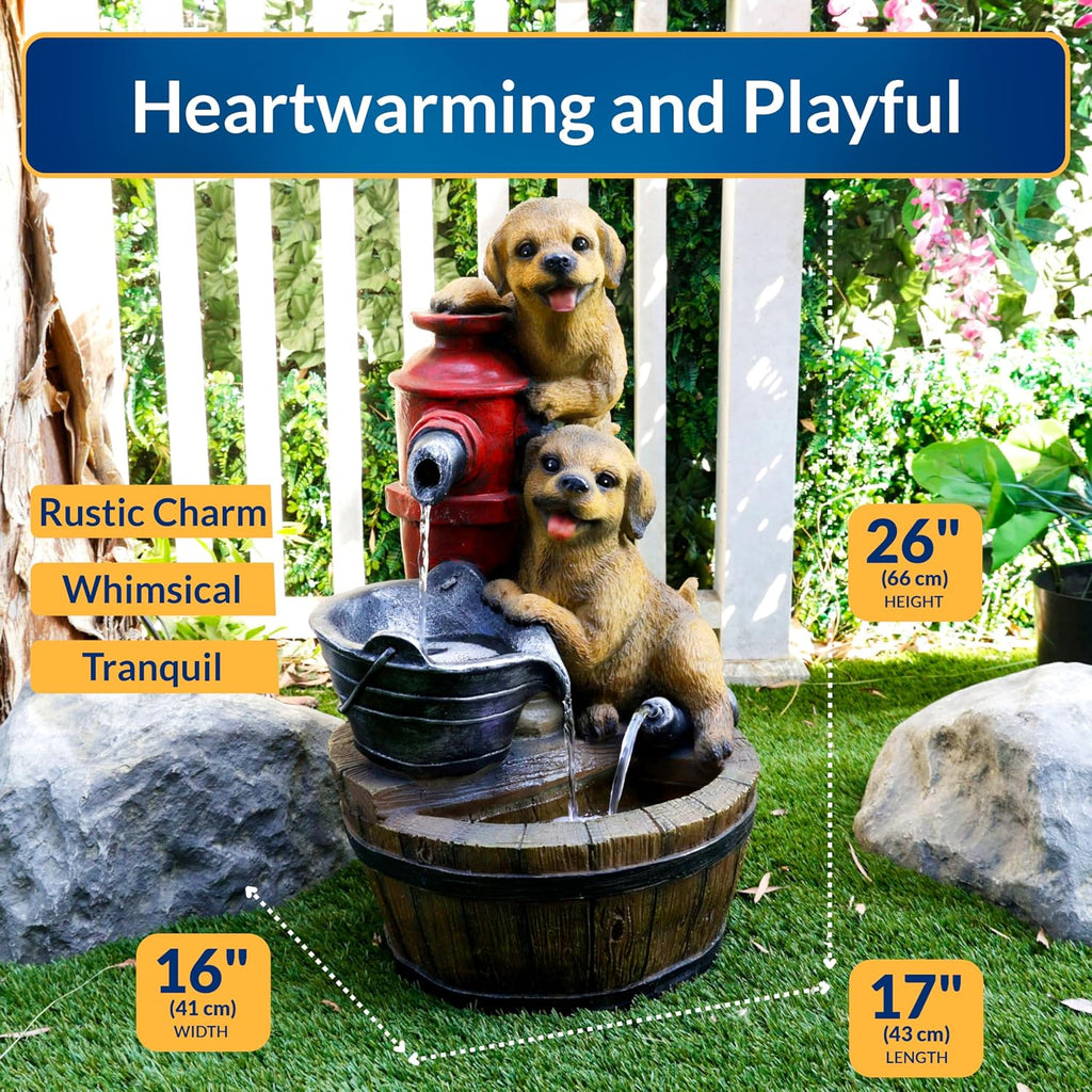 Alpine Corporation GXT986 26' Tall Outdoor Barrel Fountain with Playful Puppies, Cascading Garden Water Feature for Patio, Lawn, or Yard Decor, Brown