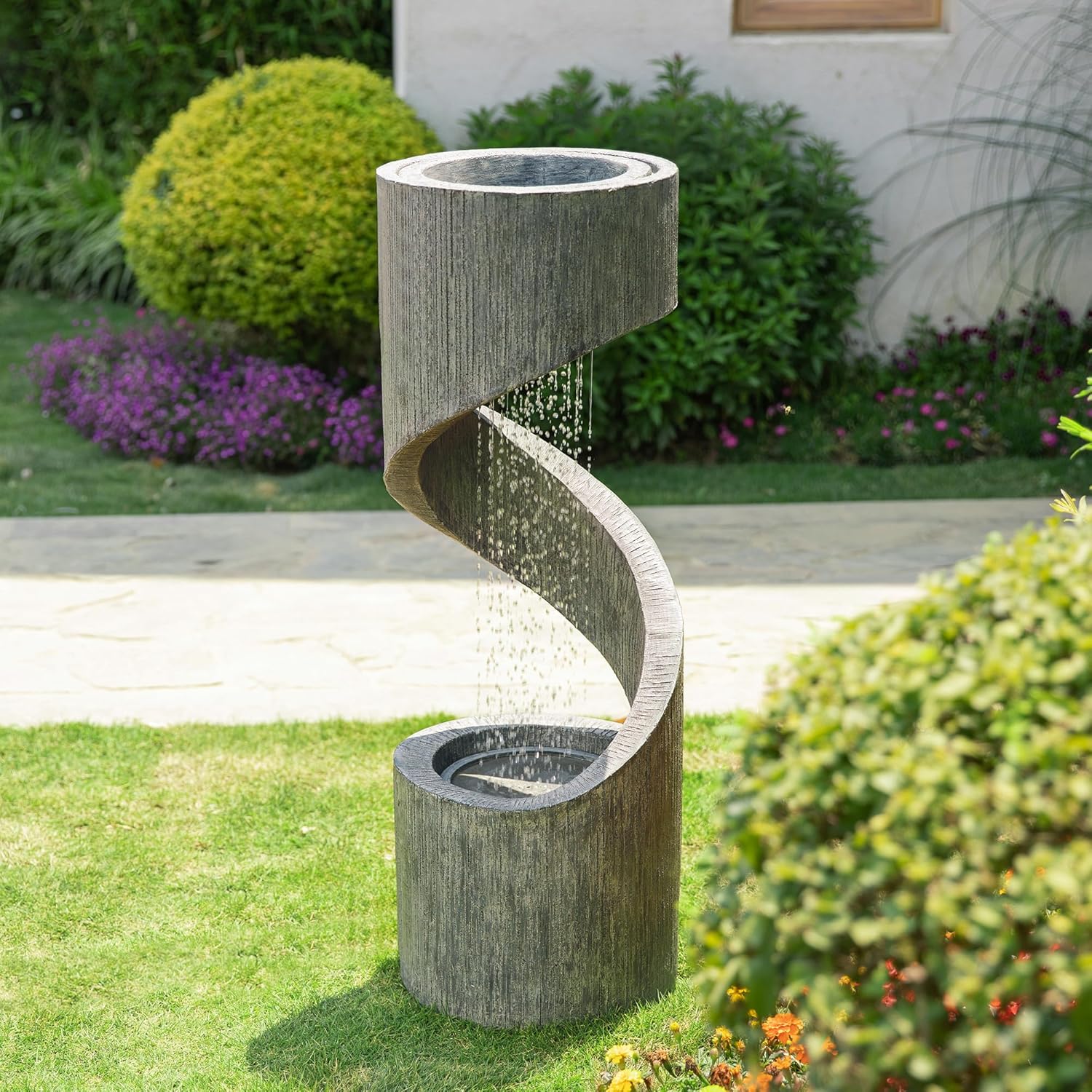 Glitzhome Outdoor Water Fountain with LED Light, Modern Spiral Tiered Outdoor Fountain with Stone Planter, Curved Freestanding Waterfall Fountains for Garden Patio Deck Porch, 40'H