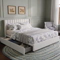 Queen Size Storage Bed Frame with 4 Drawers, Ivory Boucle Upholstered Platform Bed, Vertical Channel Tufted Headboard, Metal Frame Support, No Box Spring Needed | Dust-Proof Storage, High-Capacity Metal, Keyhole Pin Latch, Quick-Setup Tooling