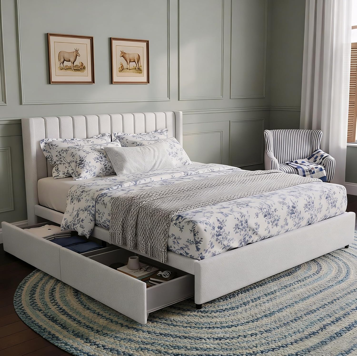 Queen Size Storage Bed Frame with 4 Drawers, Ivory Boucle Upholstered Platform Bed, Vertical Channel Tufted Headboard, Metal Frame Support, No Box Spring Needed | Dust-Proof Storage, High-Capacity Metal, Keyhole Pin Latch, Quick-Setup Tooling