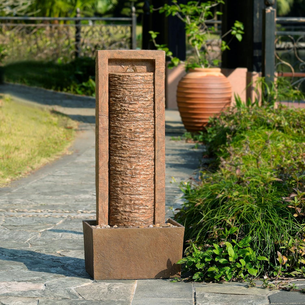 Teamson Home Framed Layered Rock Design Patio Water Fountain–Warm Glow Lighting with Steady Flow & Electric Pump, Brown