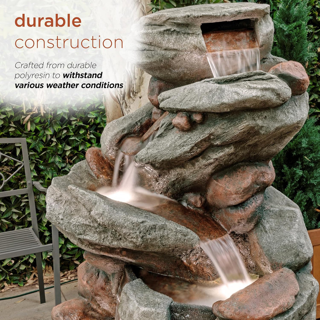 Alpine Corporation WIN1548 Outdoor Floor Cascading Stone Fountain with LED Lights, Tiered Garden Water Fountain, 53' H, Gray