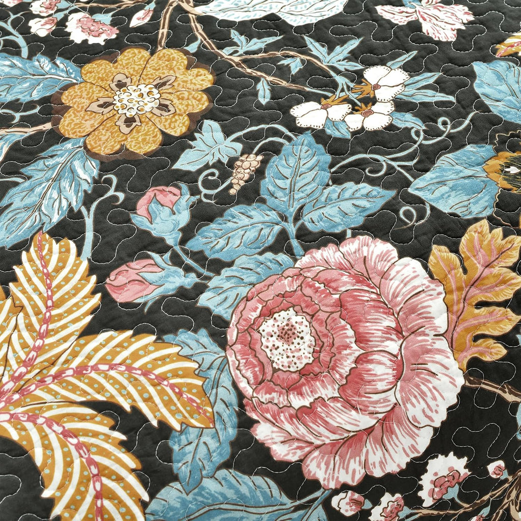 Lush Decor Sydney Reversible Cotton Quilt Set, 3 Piece Set, King, Black & Blue - Cotton Bedding Set - Black Floral Quilt - Cottage Decor - Bedding King Size