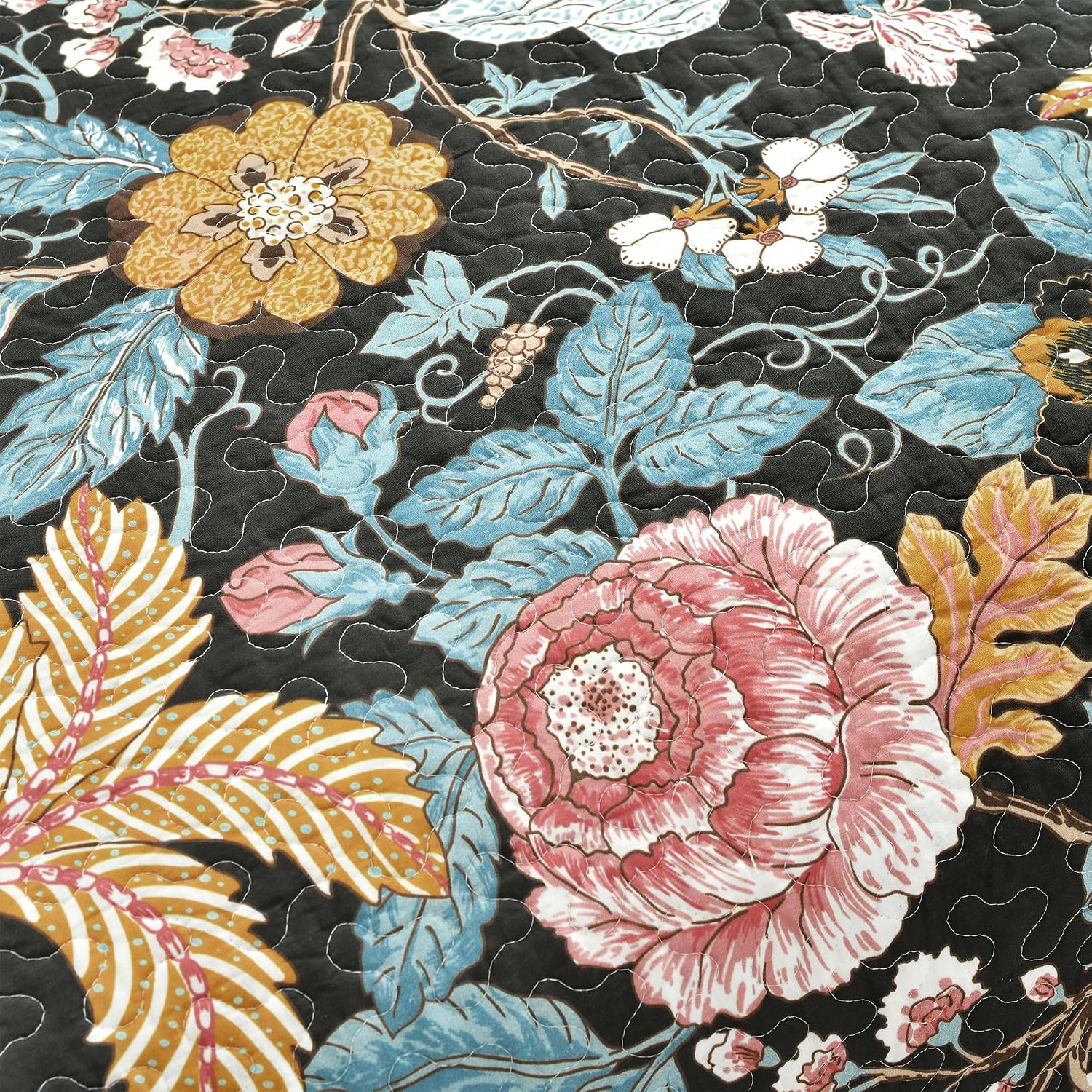 Lush Decor Sydney Reversible Cotton Quilt Set, 3 Piece Set, King, Black & Blue - Cotton Bedding Set - Black Floral Quilt - Cottage Decor - Bedding King Size