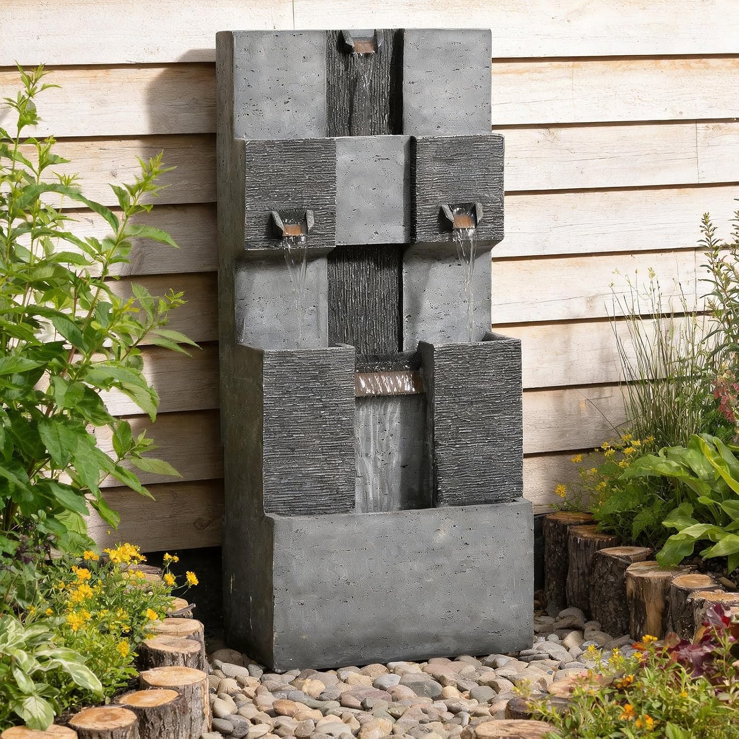 Sunlinua 45H Modern Grid Outdoor Water Fountain with LED Light Garden Cascading Waterfall Feature for Indoor or Outdoor Cascading Waterfall for Relaxing Garden Patio Backyard Deck Porch or Home Décor