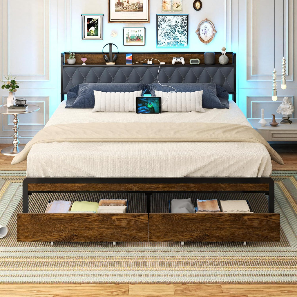 Sismplly King Size Metal Platform Bed Frame with 2 Storage Drawers & LED Light, Upholstered Headboard with Charging Station, No Box Spring Needed, Brown Wood Panel