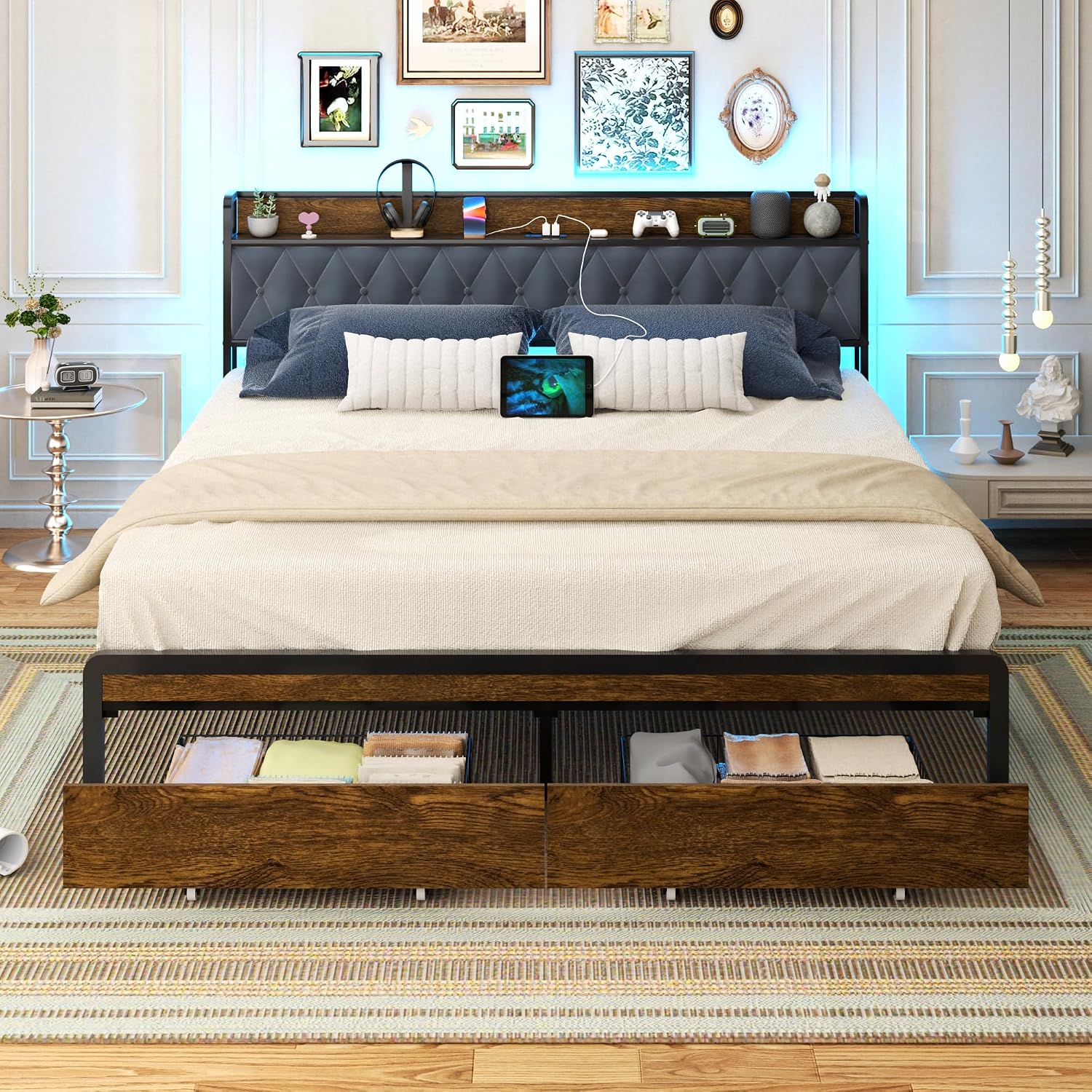 Sismplly King Size Metal Platform Bed Frame with 2 Storage Drawers & LED Light, Upholstered Headboard with Charging Station, No Box Spring Needed, Brown Wood Panel