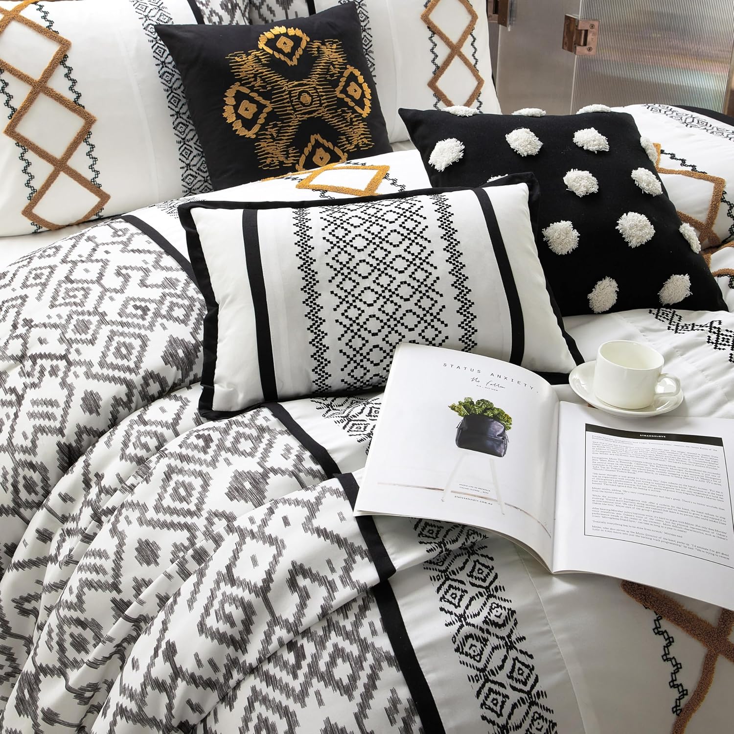 Grand Avenue Black Gold Comforter Set California King Size, 7 Piece Terry Embroidery All Season Bedding Set, Bedskirt, Pillows & Shams