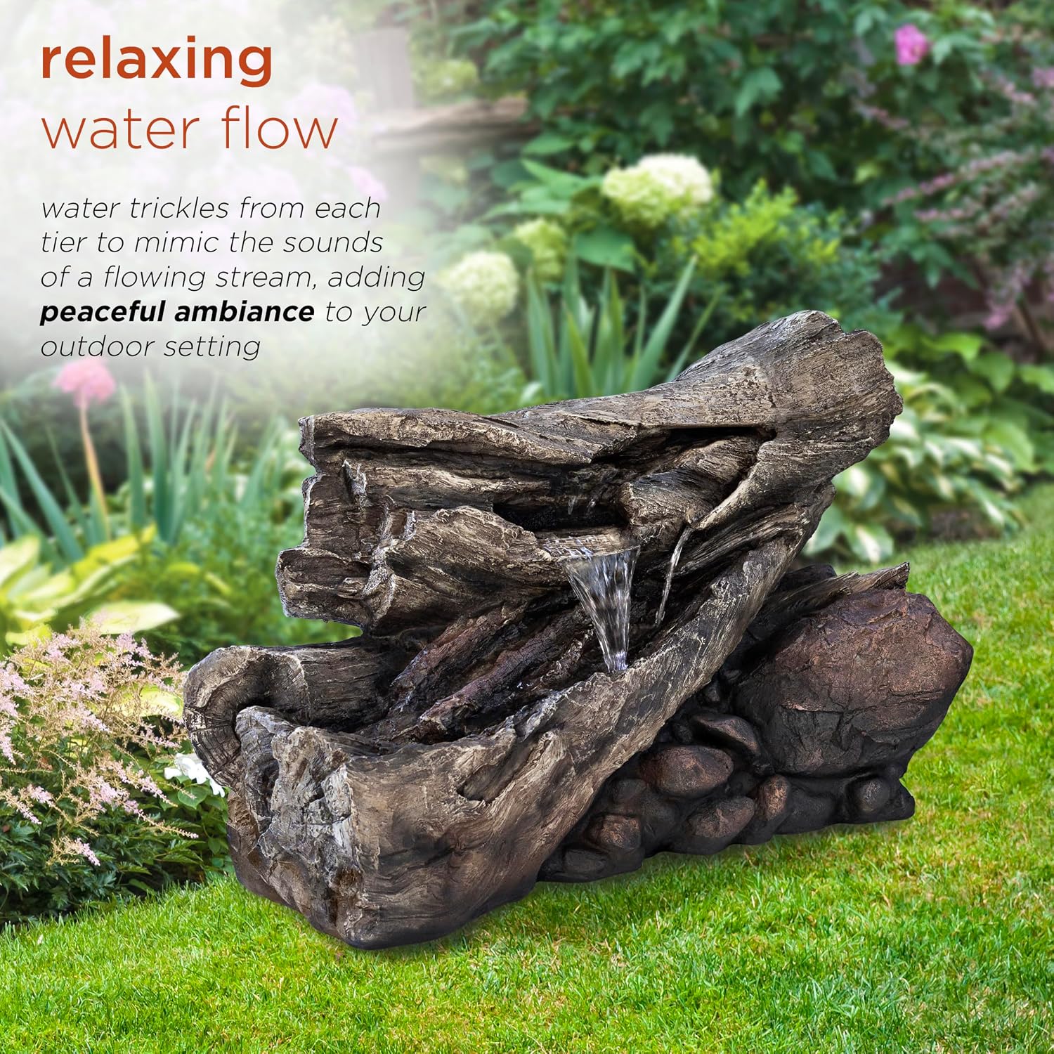 Alpine Corporation 24' Tall Outdoor 2-Tier Fallen Tree Trunk Water Fountain with LED Lights, Rustic Cascading Design for Garden, Patio & Yard Decor, Beige