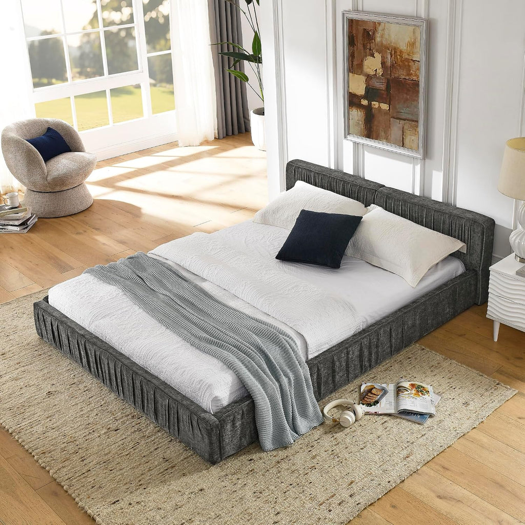Ball & Cast Queen Size Low Bed Frame,Chenille Upholstered Platform Bed with Pleated Design Headboard,Grounded Floor Bed with Wood Slat Support,No Box Spring Needed,Grey