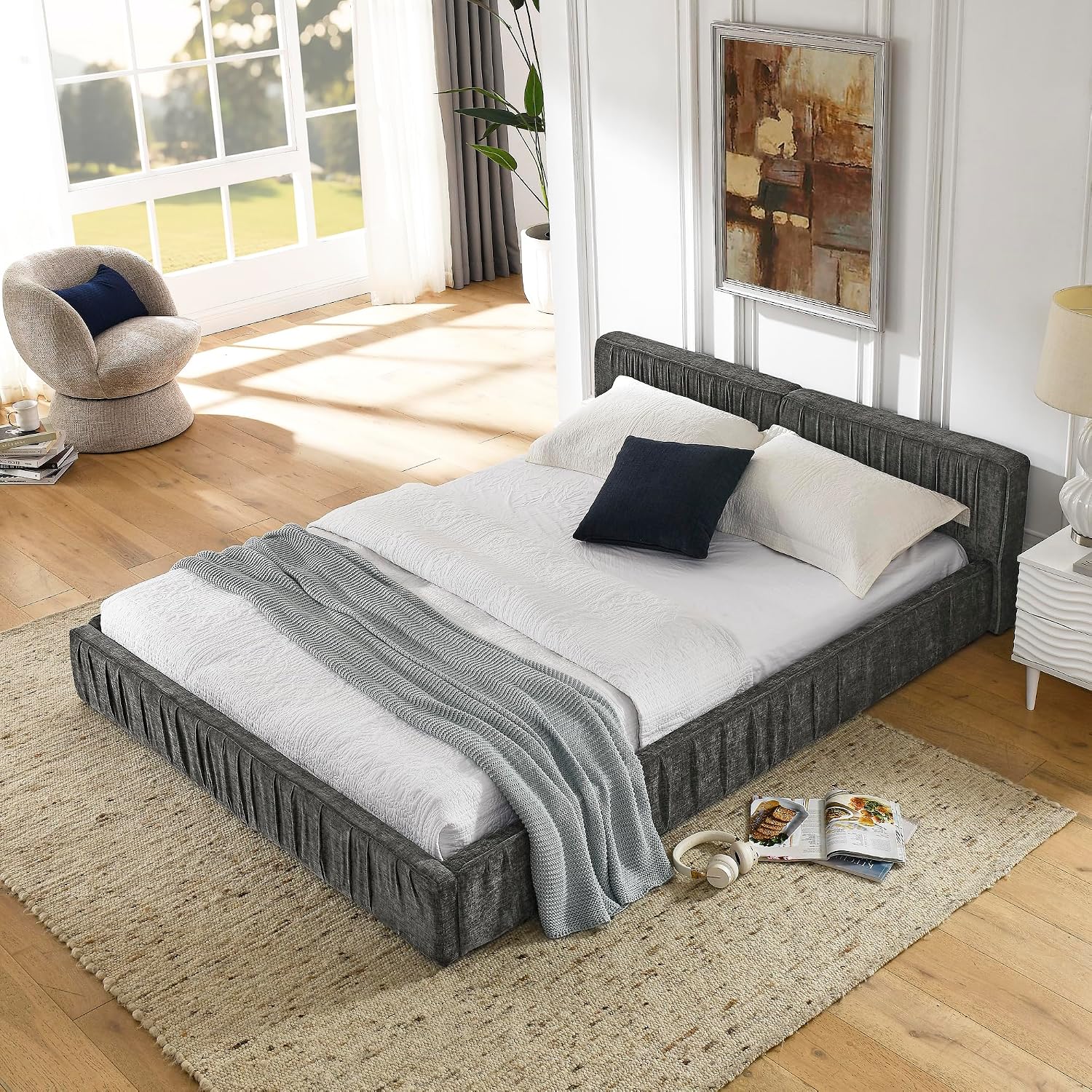 Ball & Cast Queen Size Low Bed Frame,Chenille Upholstered Platform Bed with Pleated Design Headboard,Grounded Floor Bed with Wood Slat Support,No Box Spring Needed,Grey