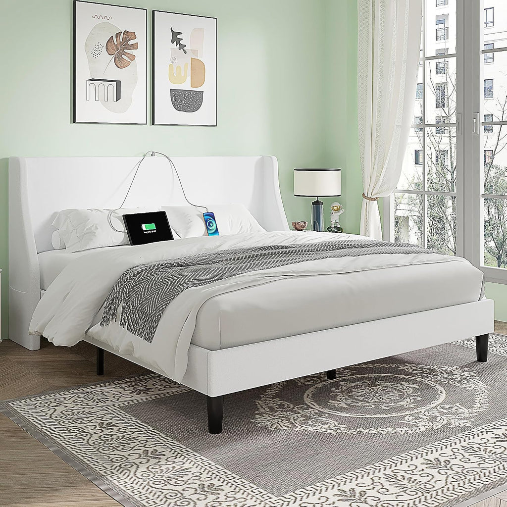 VECELO Full Bed Frame with Upholstered Wingback Headboard, Heavy-Duty Platform Bedframe with Charging Station & Side Pockets, No Box Spring Needed, White