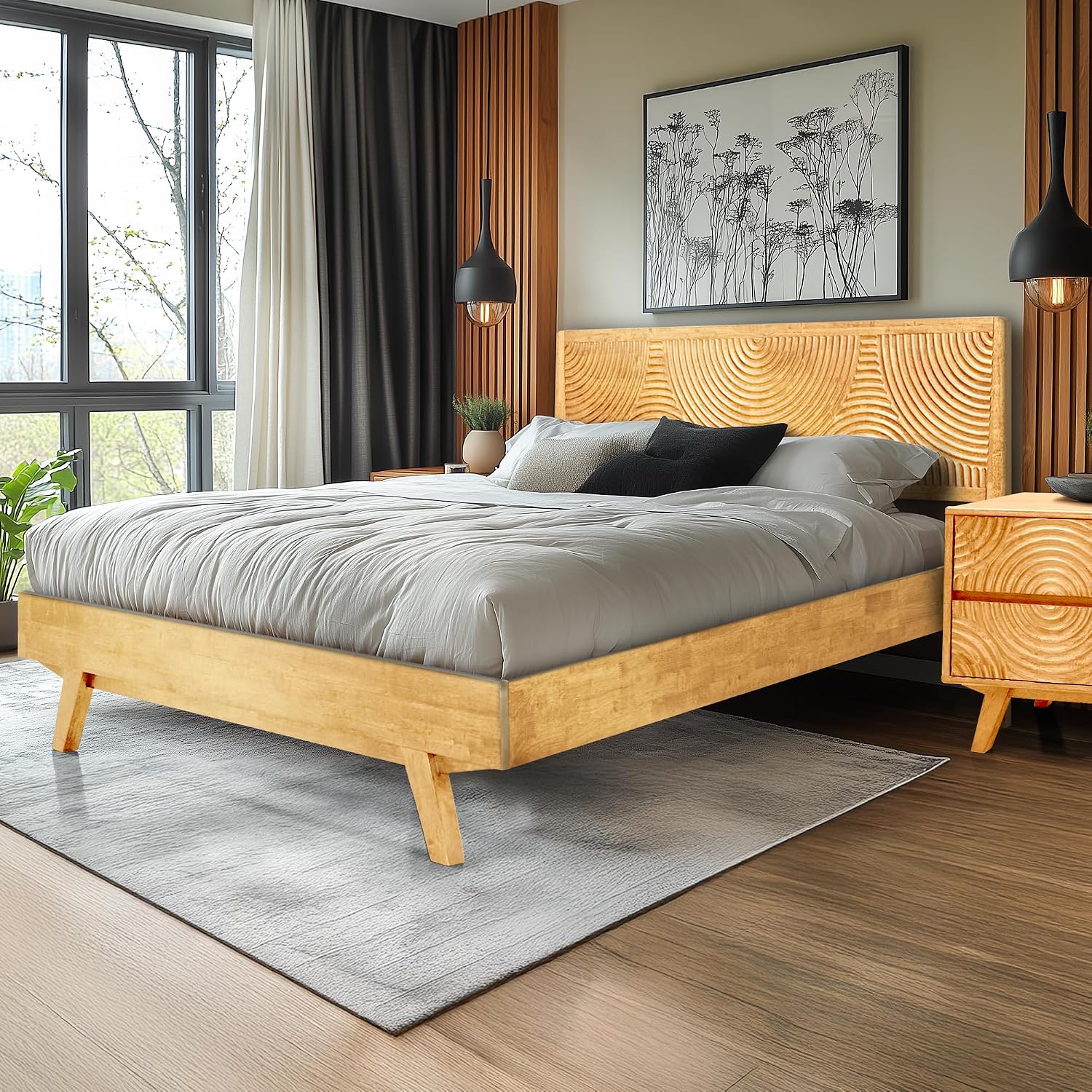 ACACIA Harmony Queen Platform Bed Frame – Solid Rubber Wood, Natural Oak Finish, Mid-Century Design, Signature Circular Wood Texture, 800lbs Support, No Box Spring Needed, Easy Assembly, Easy Assembly