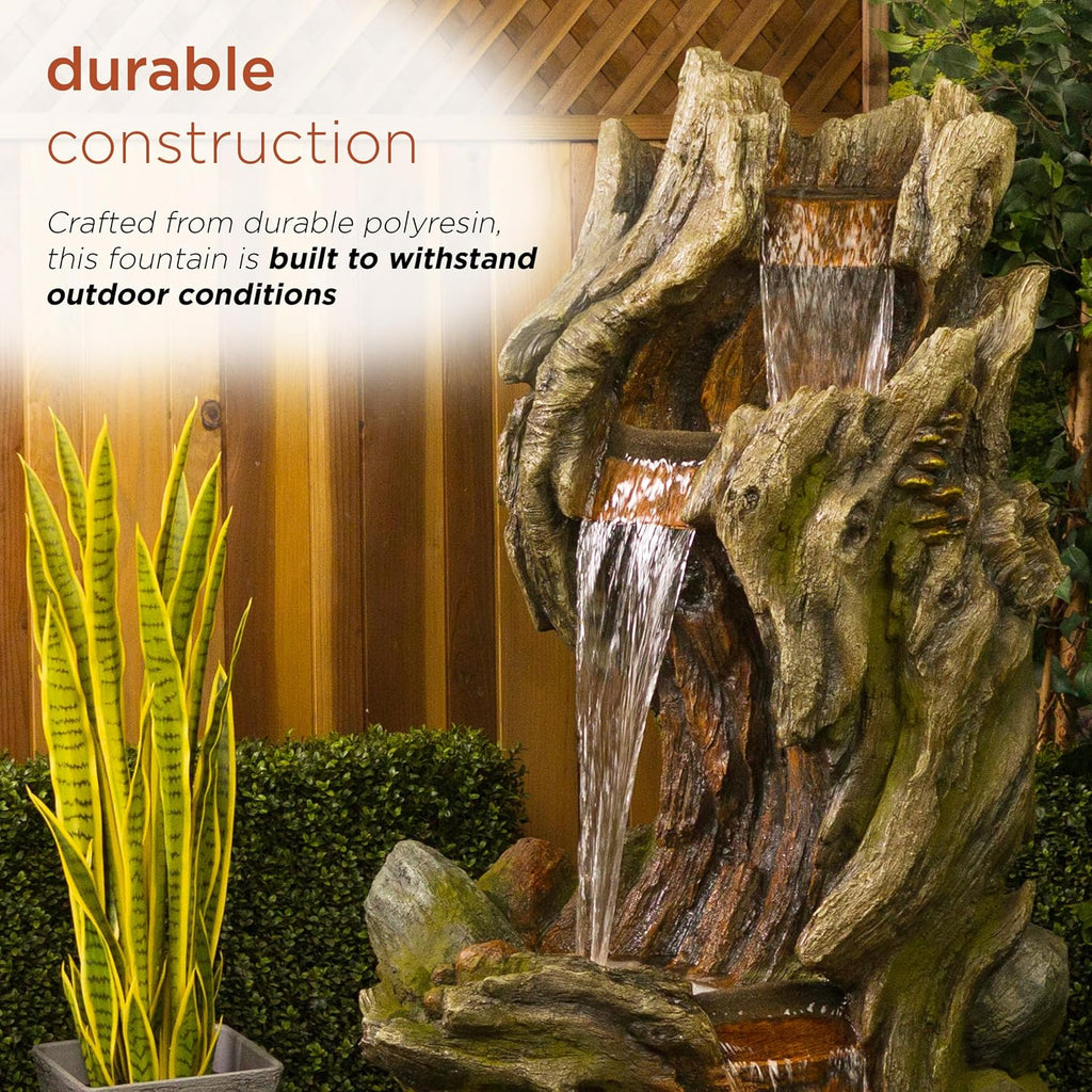 Alpine Corporation WIN1642 61' 3-Tier Log Water Fountain with Warm White LED Lights, Cascading Waterfall for Garden, Patio, & Lawn, Outdoor Water Feature