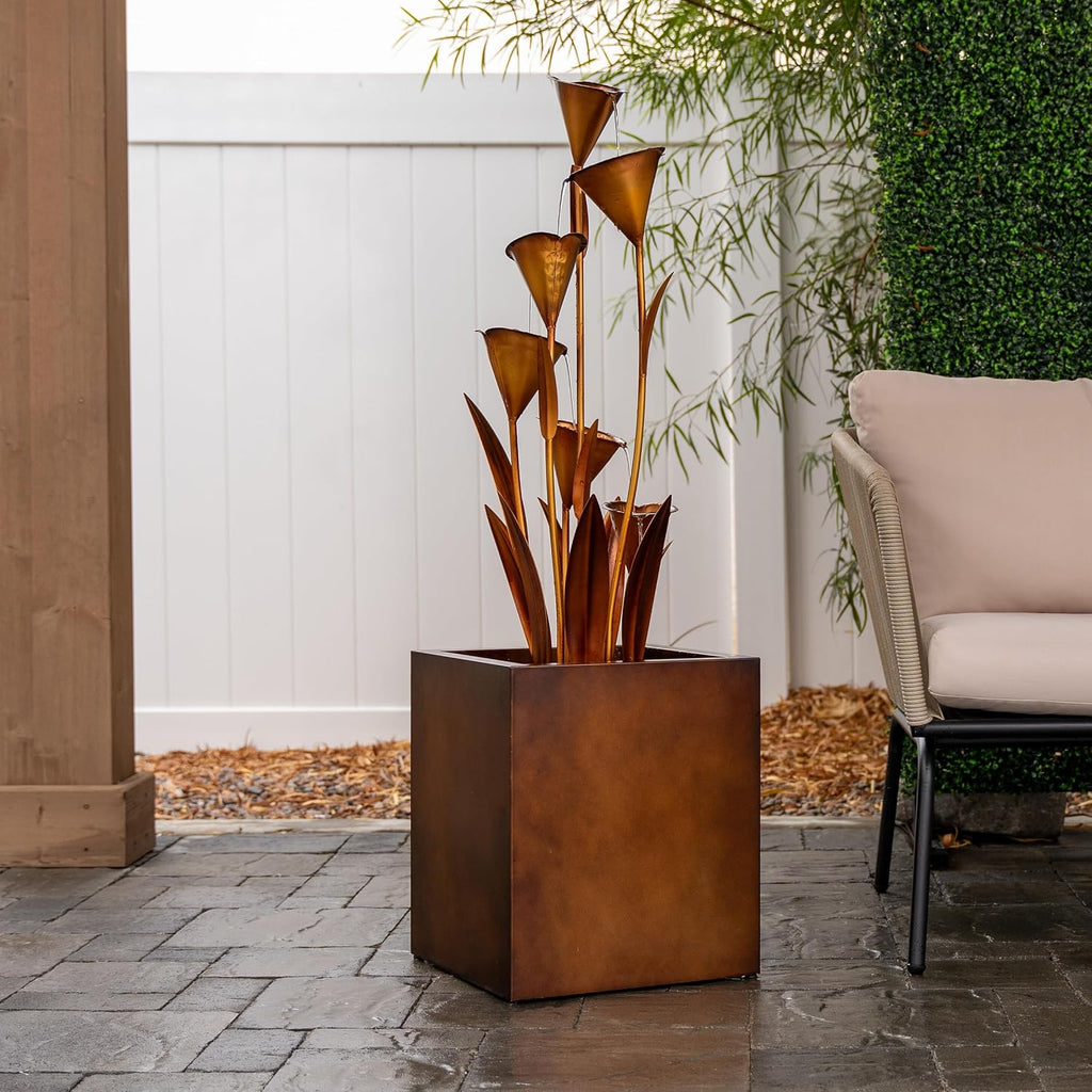 XBrand 46' Tall Bronze Metal Sculptural Flower Multi-Tier Freestanding Water Fountain Without LED Lights