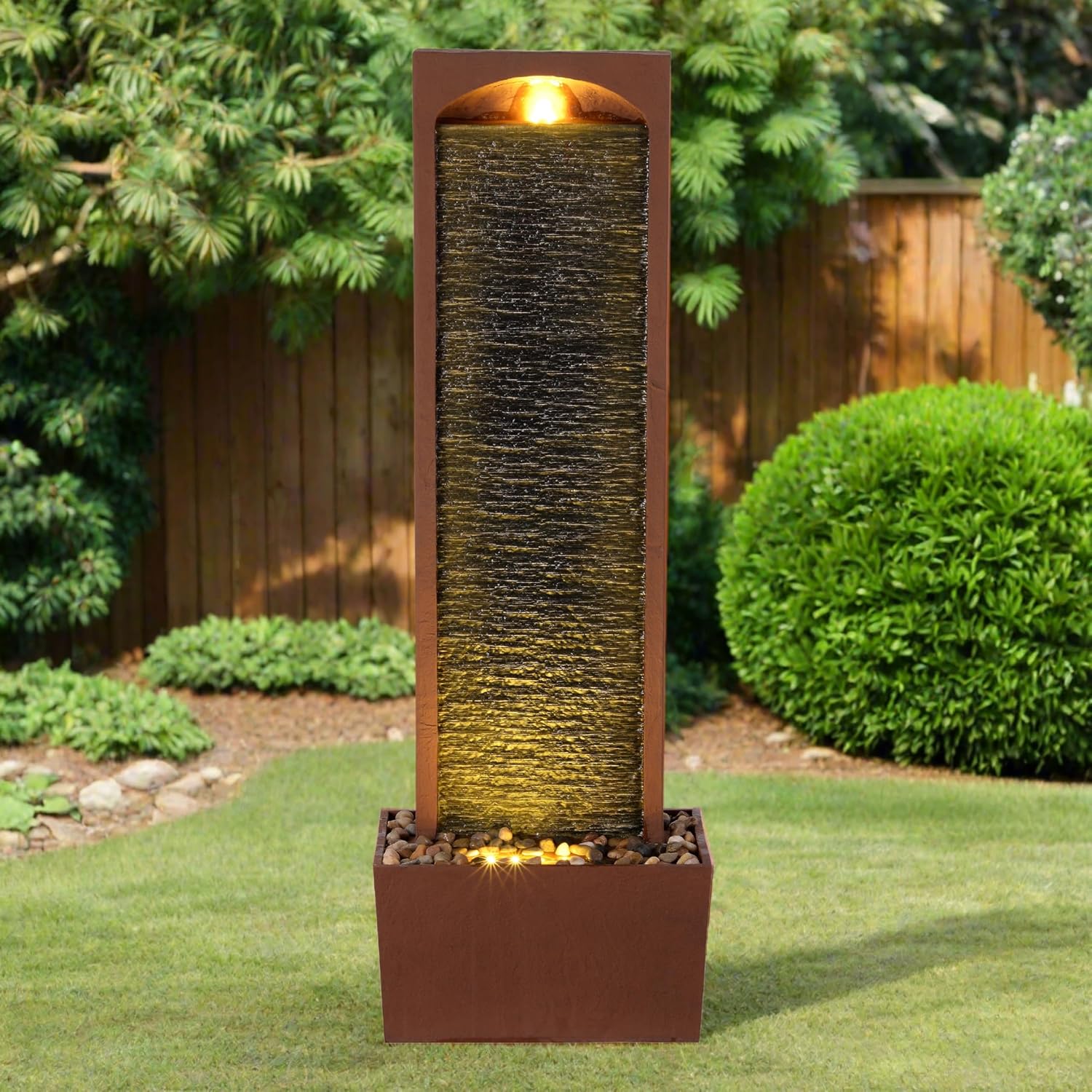 Teamson Home 38.5' Faux Slate Contemporary Outdoor LED Waterfall Fountain with Pebble Base, Red Rock