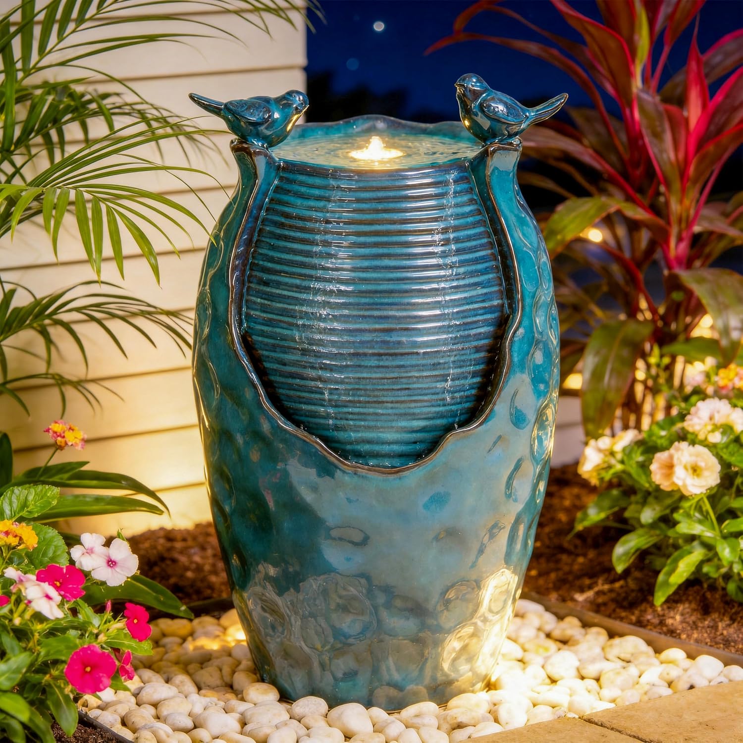24.8' H Ceramic Jar Outdoor Water Fountain with LED Lights & Bird Accents, Elegant Turquoise Glaze with Bubble-Like Texture, Decorative Garden Water Feature
