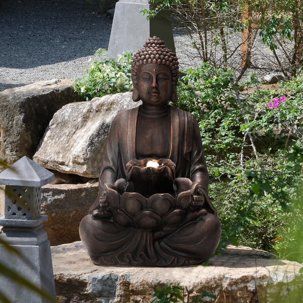 Glitzhome 24' H Zen Style Meditating Buddha Water Fountain Statue with Pump and LED Light, 2 Tier Waterfalls Resin Indoor Outdoor Floor Fountain for Garden Patio Backyard Decking