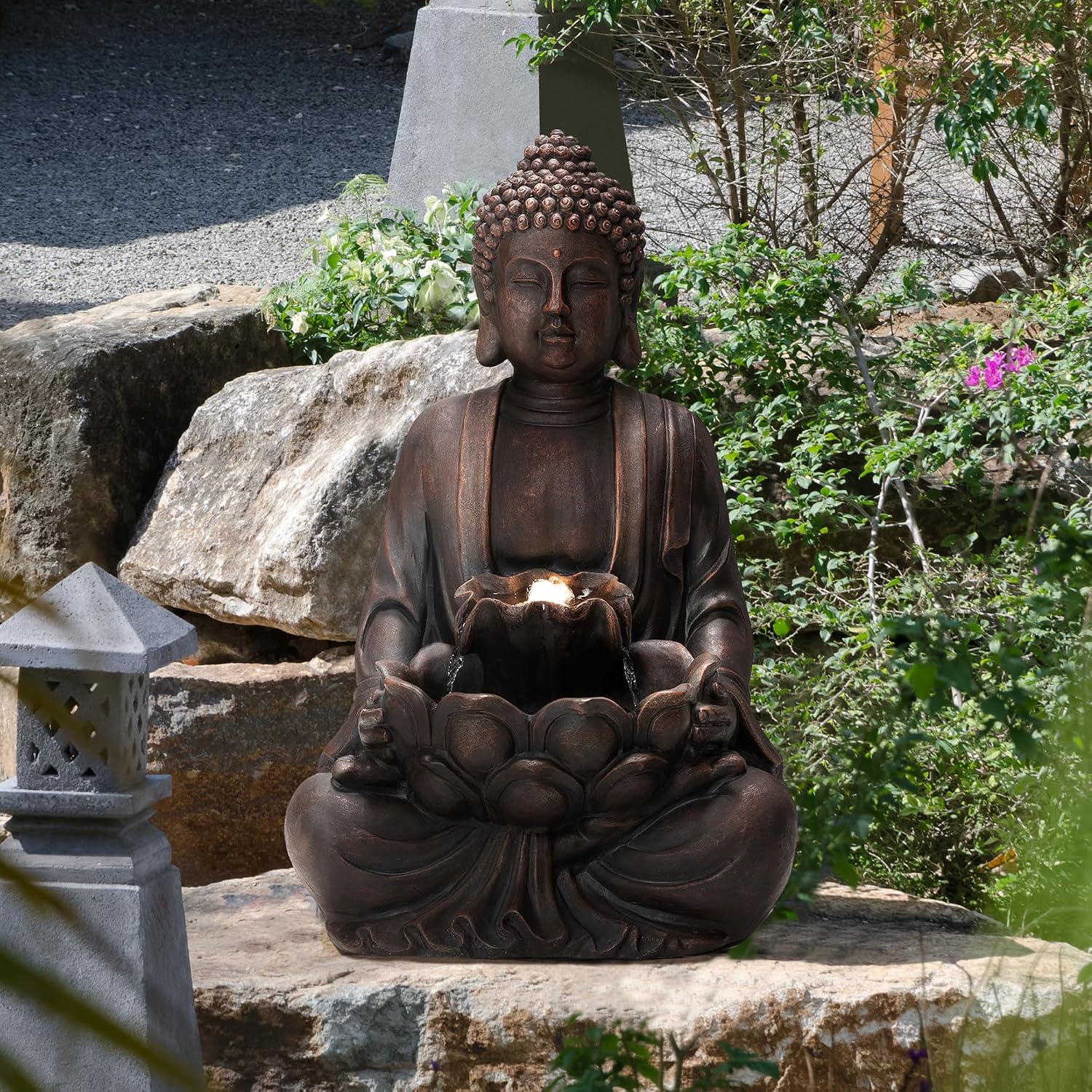 Glitzhome 24' H Zen Style Meditating Buddha Water Fountain Statue with Pump and LED Light, 2 Tier Waterfalls Resin Indoor Outdoor Floor Fountain for Garden Patio Backyard Decking