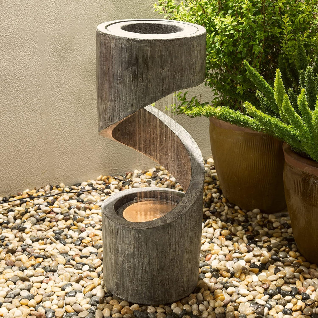 Glitzhome Outdoor Water Fountain with LED Light, Spiral Outdoor Fountain Waterfall with Stone Planter, Modern Curved Freestanding Fountain Water Feature for Garden Patio Backyard, 31.3' H