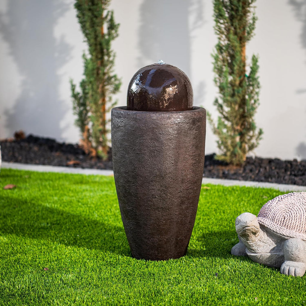 XBrand 25.98' H Round Stone Indoor/Outdoor Modern Stone Textured Sphere Water Fountain w/LED Lights, Zen Bubbling Ball Water Feature for Garden Patio Porch - Brown