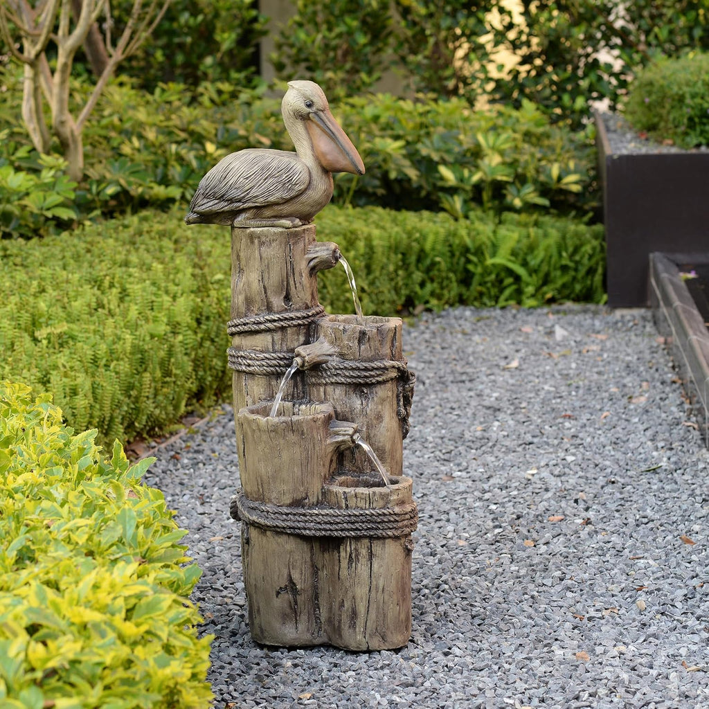 Teamson Home 35.42' 4-Tier Pelican and Driftwood Pier Post Outdoor Cascading Water Fountain, Brown