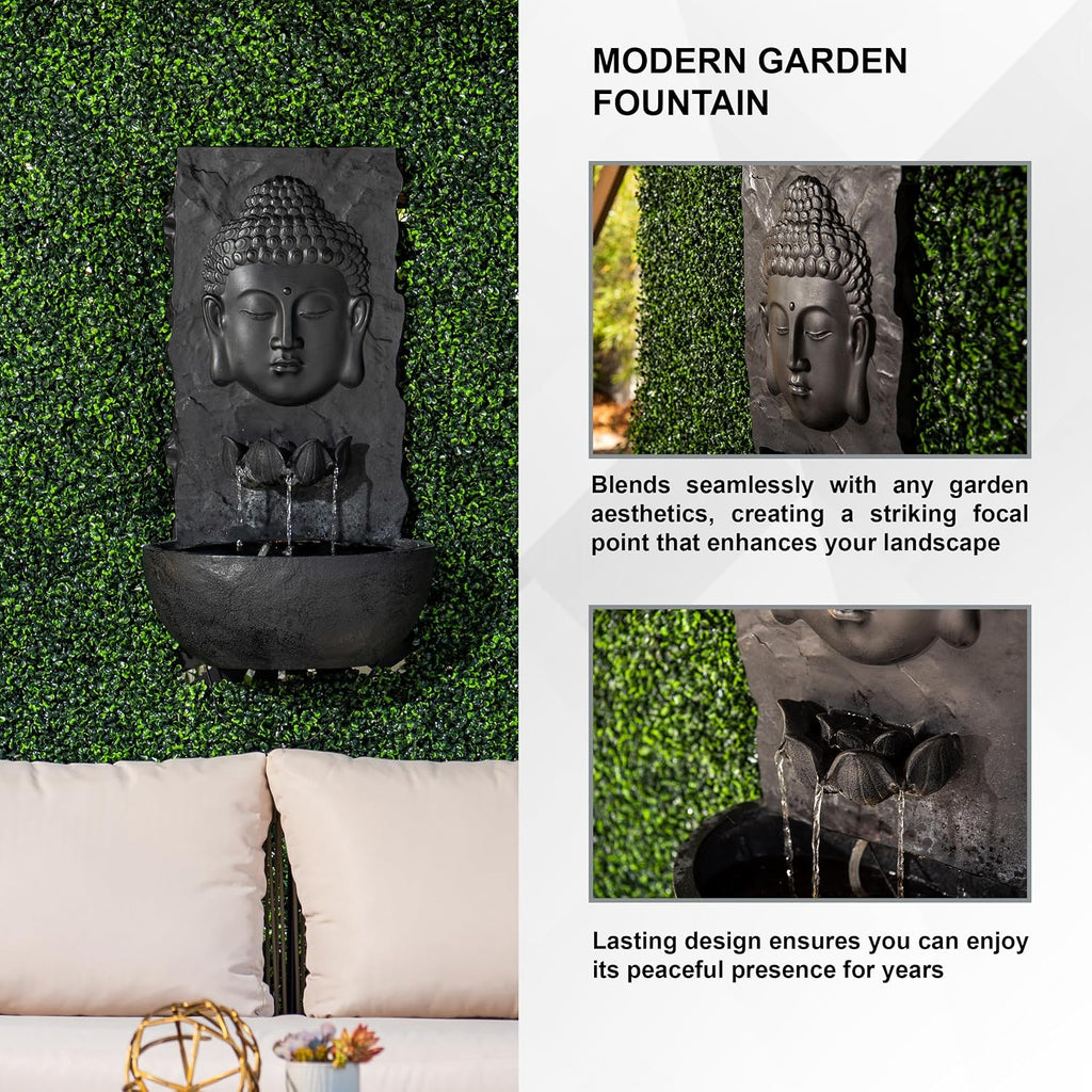 XBrand 30 in H Buddha Zen Indoor/Outdoor Wall Water Fountain, Cascading Resin Garden Fountain with Warm LED Light, Soothing Water Feature for Patio, Porch, Backyard or Meditation Decor, Black