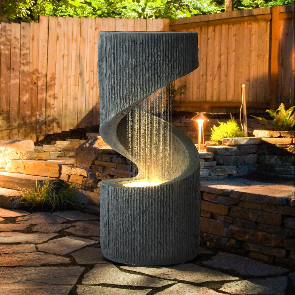 31.9' Outdoor Garden Water Fountain, S-Shaped Cascading Fountains and Waterfalls with LED Lights & Splash-Proof Net, Indoor/Outdoor Floor Standing Water Feature for Patio, Backyard, Home Decor