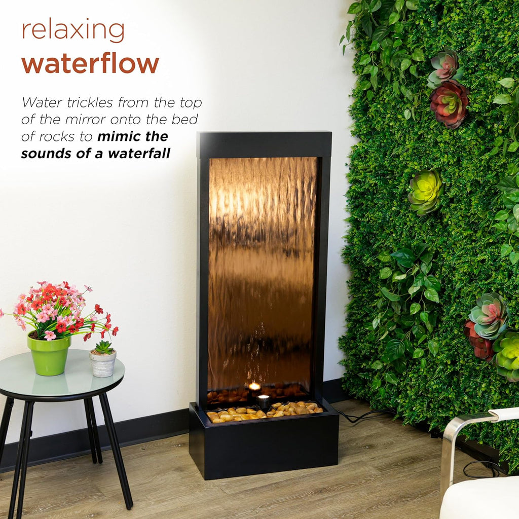 Alpine Corporation 48' Tall Indoor Modern Wall Mounted Zen Mirror Waterfall Floor Fountain with Stones and LED Lights Decor for Office, Living Room, Entryway, Bronze