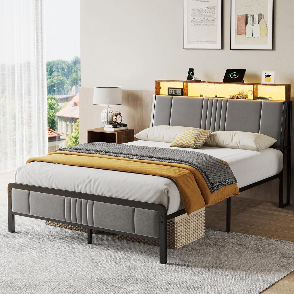 BedsPick Full Size Bed Frame with Ergonomic Headboard, Upholstered Metal Platform Bed Full with 2-Tier Storage, Charging Station, Smart LED Lights, Easy Assembly, No Box Spring Needed, Gray