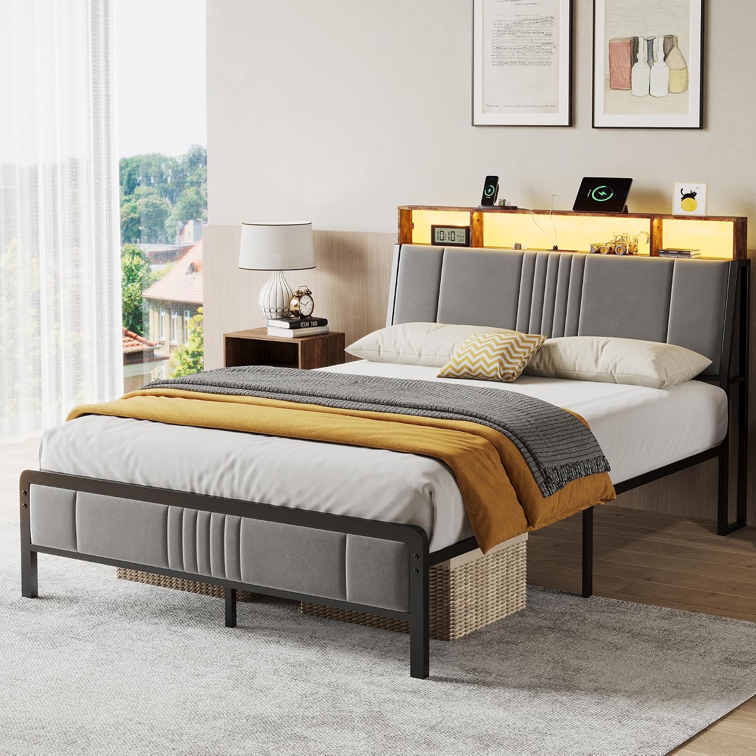 BedsPick Full Size Bed Frame with Ergonomic Headboard, Upholstered Metal Platform Bed Full with 2-Tier Storage, Charging Station, Smart LED Lights, Easy Assembly, No Box Spring Needed, Gray